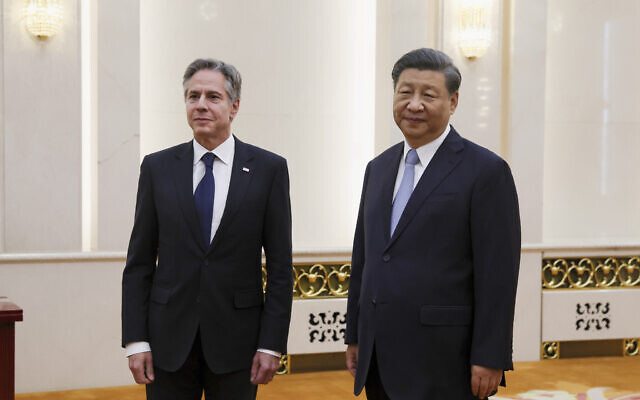 US Secretary of State Antony Blinken meets with Chinese President Xi Jinping in the Great Hall of the People in Beijing, China, Monday, June 19, 2023. (Leah Millis/Pool Photo via AP)