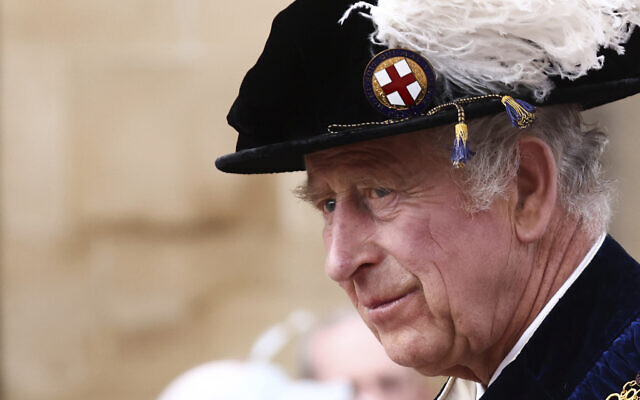 Britain's King Charles III arrives at St George's Chapel to attend the Most Noble Order of the Garter Ceremony in Windsor Castle in Windsor, England, June 19, 2023. (Henry Nicholls/Pool Photo via AP)