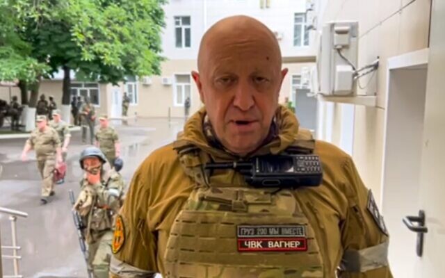In this handout photo taken from video released by Prigozhin Press Service, Yevgeny Prigozhin, the owner of the Wagner Group military company, records a video addresses in Rostov-on-Don, Russia, June 24, 2023. (Prigozhin Press Service via AP)