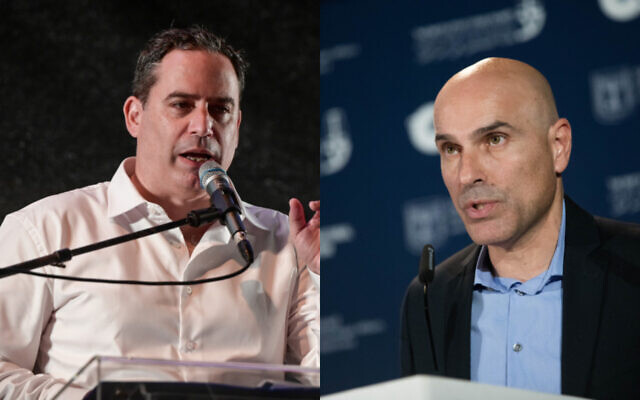 Interim head of the Israel Bar Association Amit Becher (left) and former Israel Bar Association head Efi Nave (right). Becher and Nave are the leading candidates in the elections for IBA chairman set for June 20, 2023. (Avshalom Sassoni/Flash90 and Yonatan Sindel/Flash90)