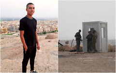 (Left) Mohamed Salah Ibrahim, 22, the Egyptian policeman who killed three IDF soldiers on the border. (Right) This image taken from video shows an IDF post that was attacked by Ibrahim, June 3, 2023. (Social media; Israel Defense Forces)