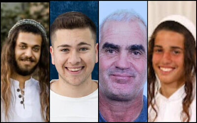 (Left to right) Harel Masood, 21, of Yad Binyamin, Elisha Anteman, 17, of Eli, Ofer Fayerman, 64, of Eli, and Nachman Mordoff, 17, of Ahiya, who were killed in a shooting attack near the West Bank settlement of Eli on June 20, 2023. (Courtesy)