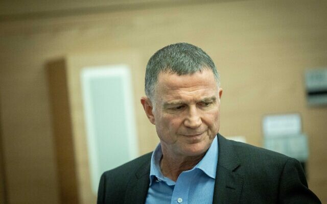 Committee Chairman Yuli Edelstein arrives for a meeting of the Defense and Foreign Affairs Committee at the Knesset in Jerusalem on March 16, 2023. (Yonatan Sindel/Flash90)