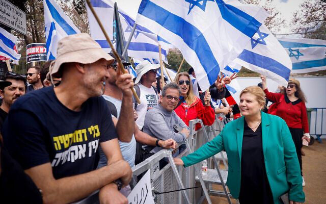 MK Orna Barbivai at a protest outside the Knesset in Jerusalem on March 27, 2023. (Erik Marmor/Flash90)