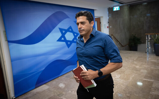 Amichai Chikli, minister of Diaspora affairs and social equality, arrives for the weekly cabinet meeting at the Prime Minister's Office in Jerusalem on May 14, 2023. (Yonatan Sindel/Flash90)