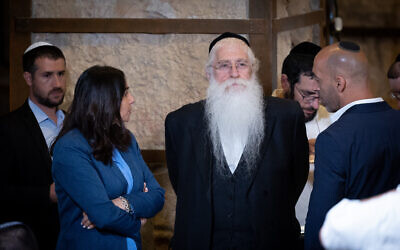 Minister of Jerusalem Affairs and Jewish Heritage Meir Porush, center, in Jerusaelm on May 21, 2023.  (Yonatan Sindel/Flash90)