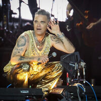 Robbie Williams performs in Tel Aviv on June 1, 2023. (Koko/Flash90)