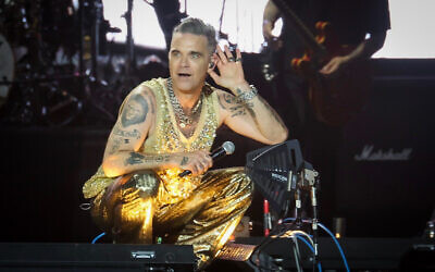 Robbie Williams performs in Tel Aviv on June 1, 2023. (Koko/Flash90)