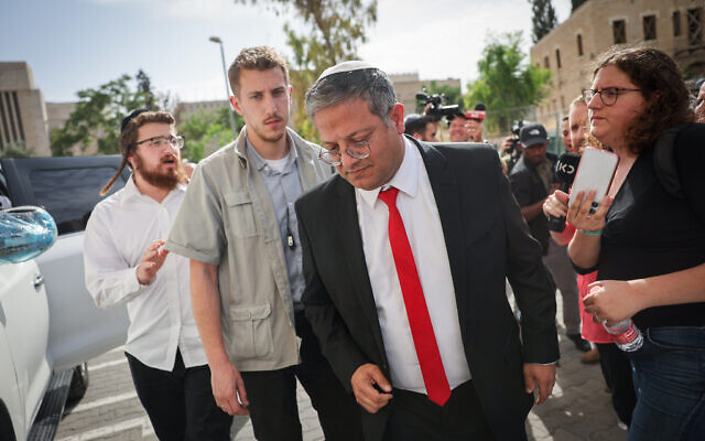 National Security Minister Itamar Ben Gvir speaks to press outside the police headquarters, during the annual Jerusalem Pride Parade, on June 1, 2023. (Yonatan Sindel/Flash90)