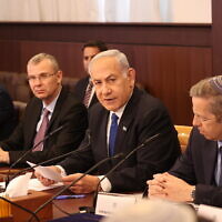 Prime Minister Benjamin Netanyahu leads the weekly cabinet meeting in Jerusalem on June 4, 2023 (Amit Shabi/Pool/Flash90)