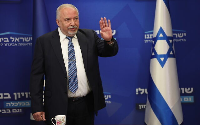 Yisrael Beytenu party chairman Avigdor Liberman speaks during a faction meeting at the Knesset in Jerusalem, on June 5, 2023. (Yonatan Sindel/Flash90)