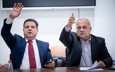 Hadash-Ta'al leader MK Ayman Odeh and MK Ahmad Tibi host their faction meeting at the Knesset, June 5, 2023. (Yonatan Sindel/Flash90)