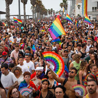 People participate in the 25th annual Tel Aviv Pride Parade on June 8, 2023. (Miriam Alster/Flash90)