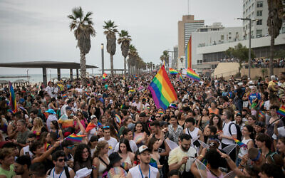 Thousands participate in the annual Gay Pride Parade in Tel Aviv, on June 8, 2023. (Miriam Alster/Flash90)