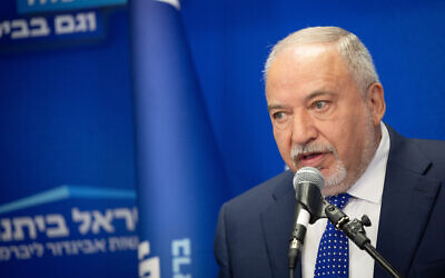 Yisrael Beytenu party chairman Avigdor Liberman leads a faction meeting at the Knesset on June 12, 2023. (Yonatan Sindel/Flash90)