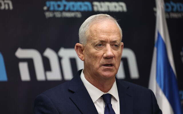 National Unity Party leader MK Benny Gantz speaks during a faction meeting at the Knesset in Jerusalem, on June 12, 2023 (Yonatan Sindel/Flash90)
