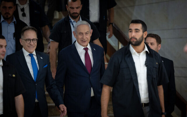Prime Minister Benjamin Netanyahu arrives at his office in the Knesset, June 14, 2023. (Yonatan Sindel/Flash90)