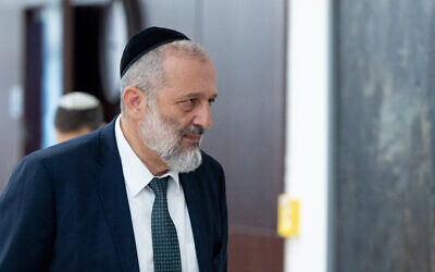 Shas chair Aryeh Deri arrives at the office of Prime Minister Benjamin Netanyahu at the Knesset, in Jerusalem, on June 14, 2023. (Yonatan Sindel/ Flash90)