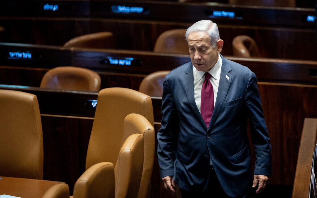 Prime Minister Benjamin Netanyahu attends a Knesset vote on the judicial selection panel, June 14, 2023. (Yonatan Sindel/Flash90)
