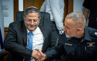 National Security Minister Itamar Ben Gvir, left, and Jerusalem district police chief Doron Turgeman at a meeting in Jerusalem, June 15, 2023. (Yonatan Sindel/Flash90)