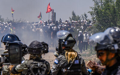 Druze community members protest against the construction of a new wind farm in the Golan Heights, June 21, 2023 (Ayal Margolin/Flash90)