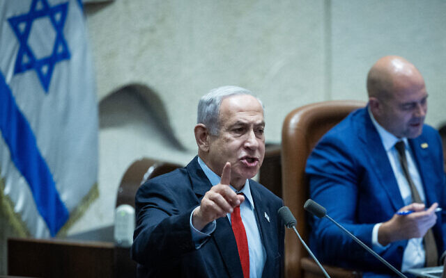 Prime Minister Benjamin Netanyahu at the Knesset on June 26, 2023. (Yonatan Sindel/Flash90)