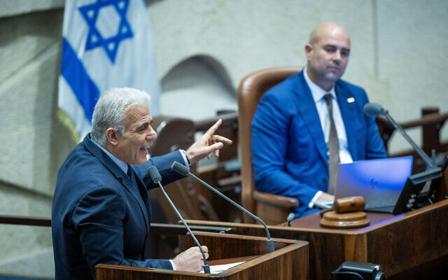 Opposition leader Yair Lapid speks at the Knesset on June 26, 2023. (Yonatan Sindel/Flash90)
