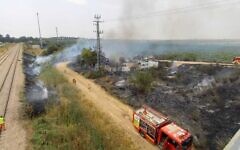 Firefighting trucks near the scene of a blaze in central Israel on June 2, 2023. (Fire and Rescue Service)