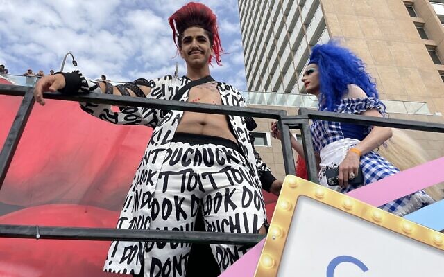 Drag queen Fluid Snow attends the Tel Aviv Pride Parade on June 8, 2023. (Carrie Keller-Lynn/Times of Israel)