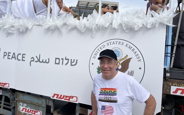 US Ambassador to Israel Tom Nides next to a Tel Aviv Pride Parade float, June 8, 2023. (Carrie Keller-Lynn/Times of Israel)