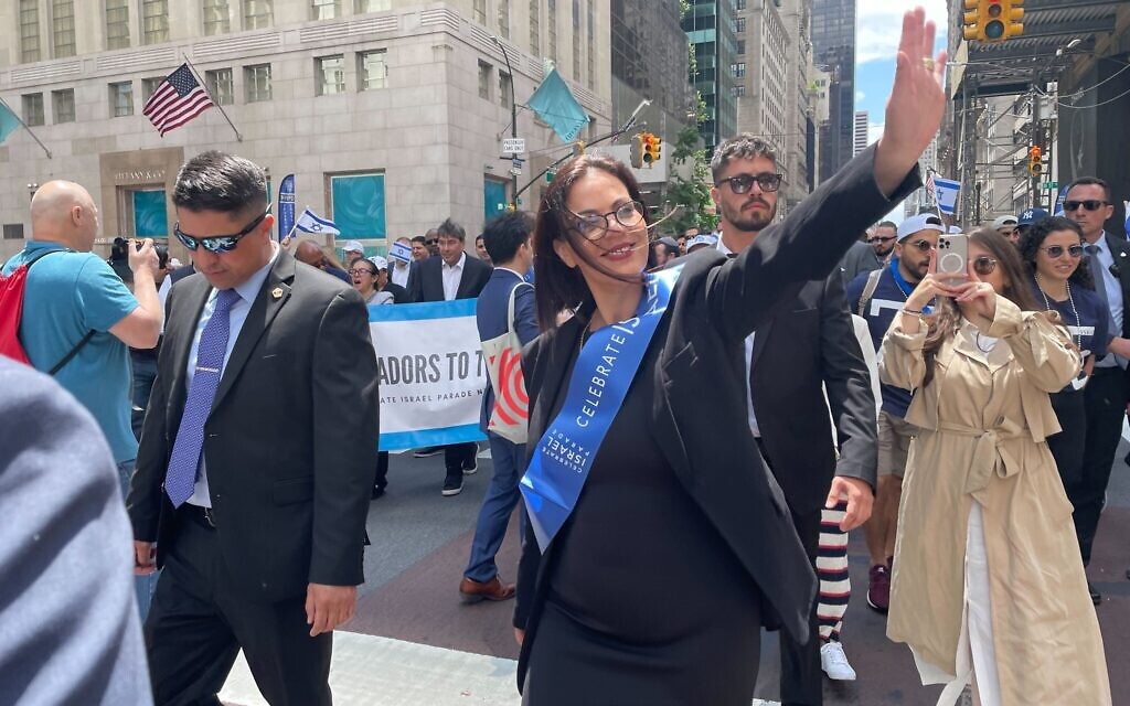 Public Diplomacy Minister Galit Distel Atbaryan is seen at the Celebrate Israel Parade in New York City, June 4, 2023. (Luke Tress/Times of Israel)