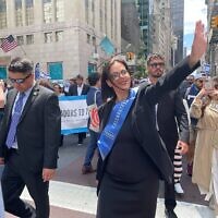 Public Diplomacy Minister Galit Distel Atbaryan is seen at the Celebrate Israel Parade in New York City, June 4, 2023. (Luke Tress/Times of Israel)
