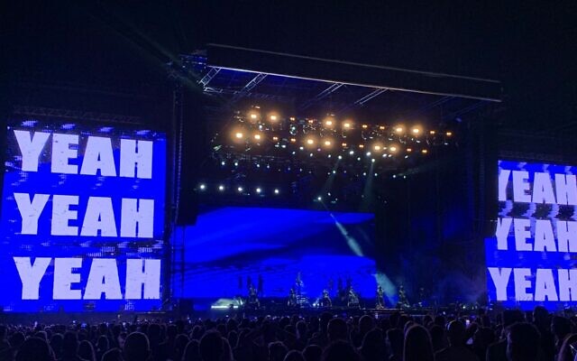 UK pop star Robbie Williams performs at Tel Aviv’s Yarkon Park on June 1, 2023. (Charlie Summers/Times of Israel)