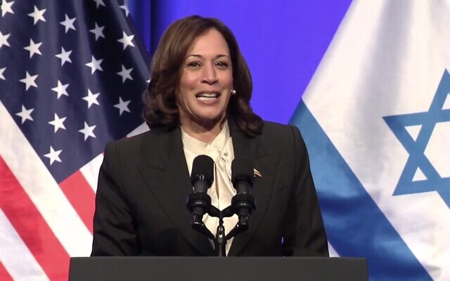 US Vice President Kamala Harris addresses an event hosted by the Israeli Embassy in Washington marking Israel's 75th year of independence on June 6, 2023. (Screen capture/Facebook)