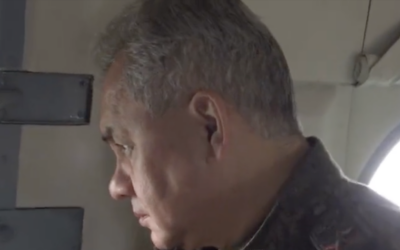 In this photo taken from video released on June 26, 2023, by Russian Defense Ministry Press Service, Russian Defense Minister Sergei Shoigu is on board a military helicopter on his way to inspect a command post of Russian troops in Ukraine (Screen grab/Russian Defense Ministry Press Service)