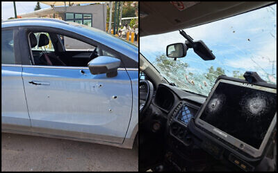 Bullet holes are seen on an Israeli military vehicle (right) and an Israeli-owned car (left) near the Reihan checkpoint, after they came under fire at a nearby junction in the northern West Bank, June 13, 2023. (Samaria Regional Council)