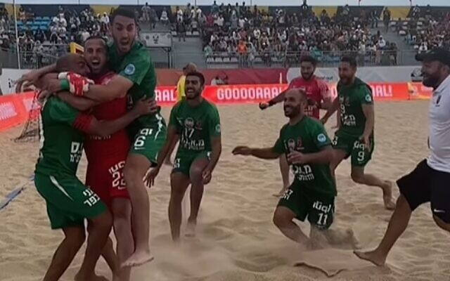 "Falfala" Kfar Qassem BS Club players celebrate winning the beach soccer Euro Winners Cup 2023 in Nazaré, Portugal, June 18, 2023. (Screenshot: Instagram; Used in accordance with Clause 27a of the Copyright Law)