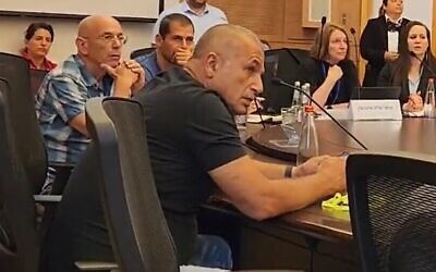 Oved Hugi, who was fired as an adviser to Energy Minister Israel Katz over incendiary social media posts, takes part in a Knesset Constitution, Law and Justice Committee meeting in Jerusalem on June 26, 2023. (Screenshot: Twitter; Used in accordance with Clause 27a of the Copyright Law)