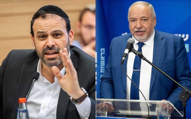 This combination of photos shows Shas MK Yinon Azoulay (L) and Yisrael Beytenu party leader Avigdor Liberman. (Olivier Fitoussi and Yonatan Sindel/Flash90)