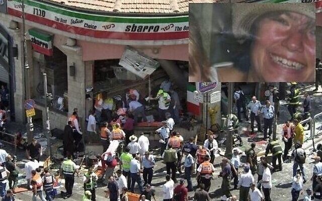 Police and medics surround the scene of a suicide bombing inside Jerusalem's Sbarro restaurant, August 9, 2001. The insert photo shows Chana Tova Chaya Nachenberg, who died of wounds from the bombing on May 31, 2023. (AP Photo/Peter Dejong, File; Channel 12 screenshot -- used in accordance with clause 27a of the copyright law)