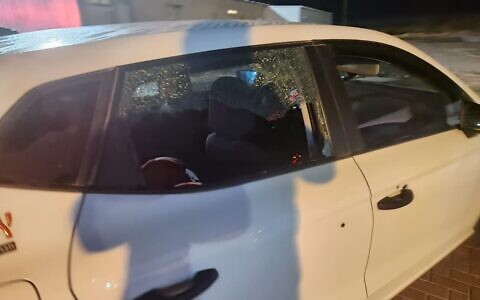 Damage is seen caused to an Israeli-owned car, after it was targeted in a shooting attack near the West Bank town of Huwara, June 6, 2023. (Samaria Regional Council)