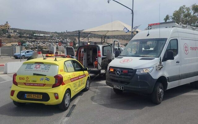 The aftermath of a shooting in the West Bank, as an Israeli driver is treated after arriving at Reihan checkpoint, June 13, 2023. (Magen David Adom)
