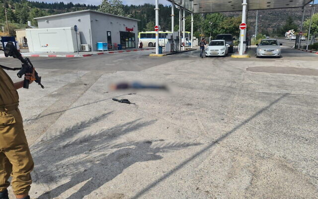 The scene of a suspected shooting attack at a gas station near the West Bank settlement of Eli on June 20, 2023 (Courtesy)