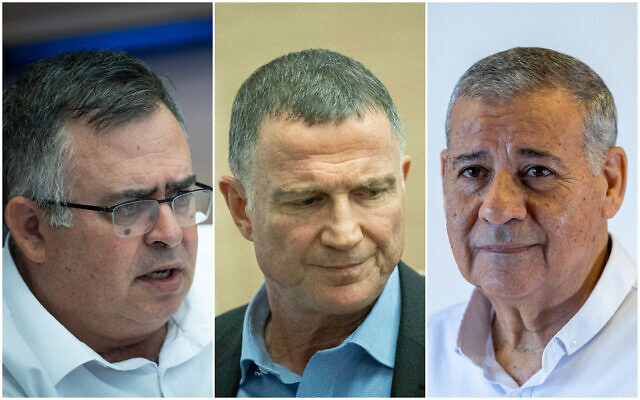 L-R: Likud MKs David Bitan, Yuli Edelstein, and Shalom Danino in the Knesset in 2022 and 2023. (Flash90, File)