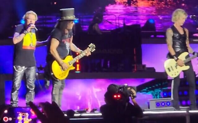 Axl Rose and Slash of Guns N' Roses perform a sold-out show in Tel Aviv, June 5, 2023. (YouTube screengrab; used in accordance with clause 27a of the copyright law)