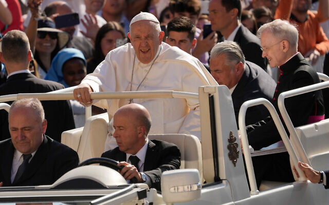 Pope Francis arrives for his weekly general audience in St. Peter's Square at The Vatican, June 7, 2023. (AP Photo/Andrew Medichini)