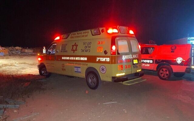 Magen David Adom paramedics at the scene of a fatal stabbing on June 10, 2023 near Ofakim where a 21-year-old Bedouin man was killed. (Magen David Adom)