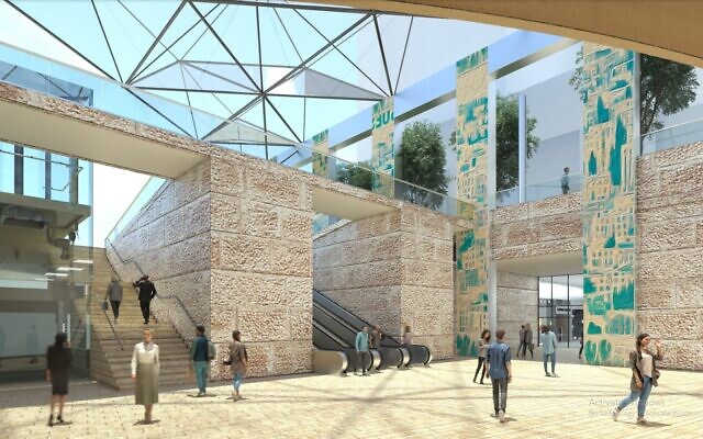 Architects' impression of the planned entrance to the Jerusalem Center railway station, close to the intersection of Jaffa Street and King George Street in Jerusalem.  (Peleg Architects)