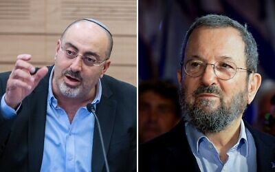 This composite image shows Likud MK Nissim Vaturi, left, speaking at a Knesset committee meeting in Jerusalem, on December 6, 2022 (Olivier Fitoussi/Flash90); and former PM Ehud Barak at a protest against the planned judicial overhaul, in Tel Aviv, February 25, 2023. (Avshalom Sassoni‎‏/Flash90)