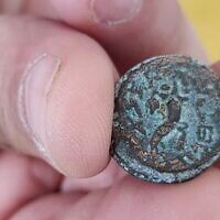 A rare bronze medium denomination coin from the reign of Antigonus Mattathias II (40 BCE - 37 BCE), allegedly illegally excavated, after they were recovered from a suspect's home in the Silwan neighborhood of East Jerusalem, June 7, 2023. (Israel Antiquities Authority)